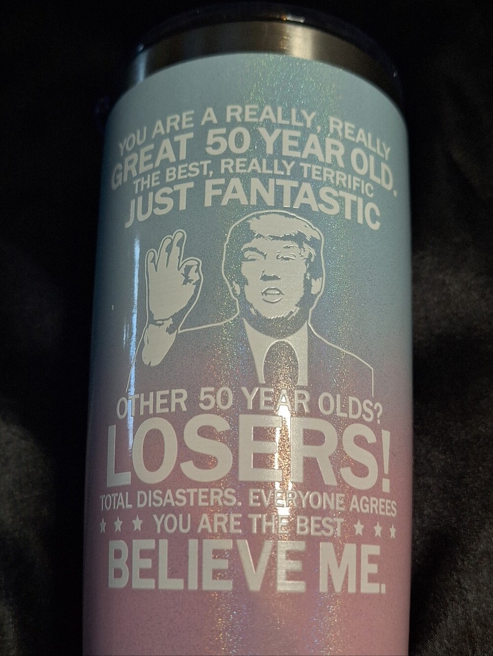 New Trump Sparkle Ombre 50th Birthday Travel Tumbler~Blue to Pink~Flag